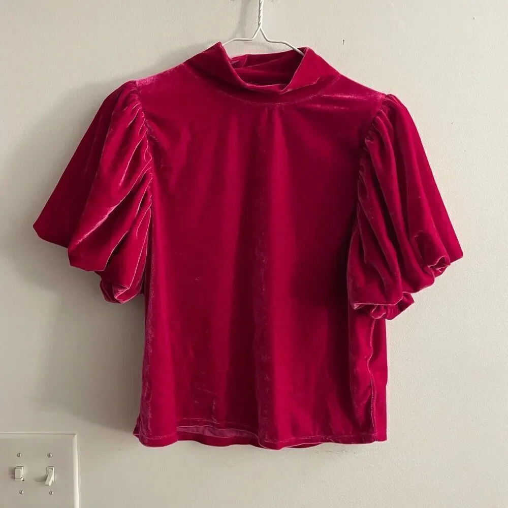 Free People Hot Pink Velvet Puff Sleeve Mock Neck Tee Women Small Luxe Romantic